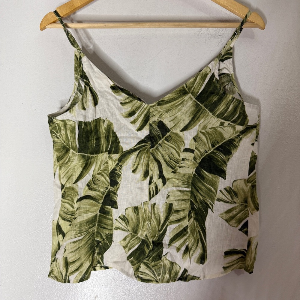 H&M 100% Linen sleeveless tropical blouse Green leaves buttons V-neck Small - Picture 2 of 6
